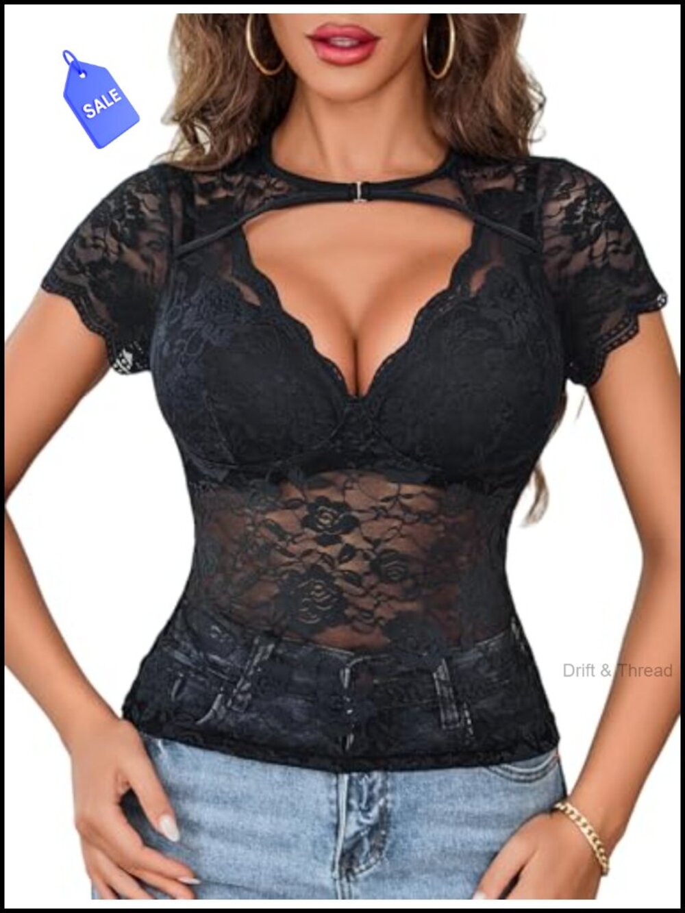Lace Mesh Short Sleeve Blouse Sheer See Through Sexy Floral Top